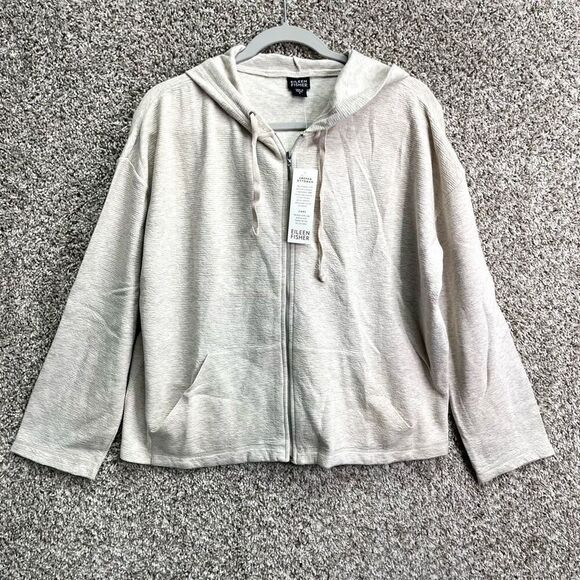 Eileen Fisher Jacket Women’s Small Cream Cotton Muslin Creped Ottoman Zip Up Hoo - Picture 1 of 7